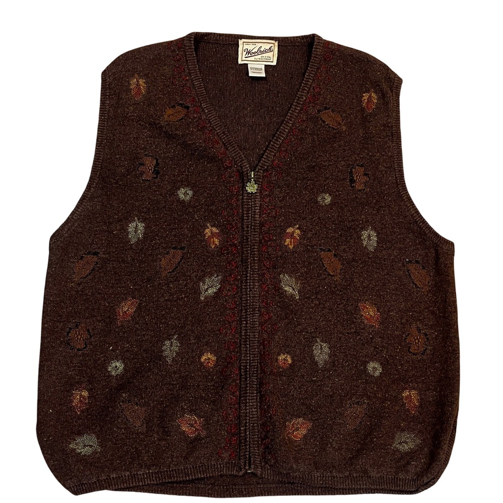 Vintage Woolrich Womens Brown Zip Up Sweater Vest XL Leaf Motif Autumn Fall Knit
